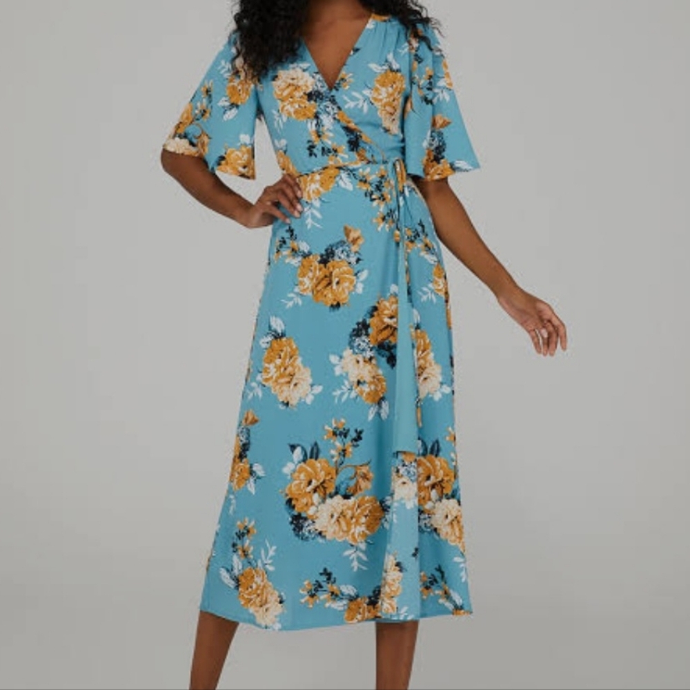 Floral Wrap Dress in Blue and Yellow